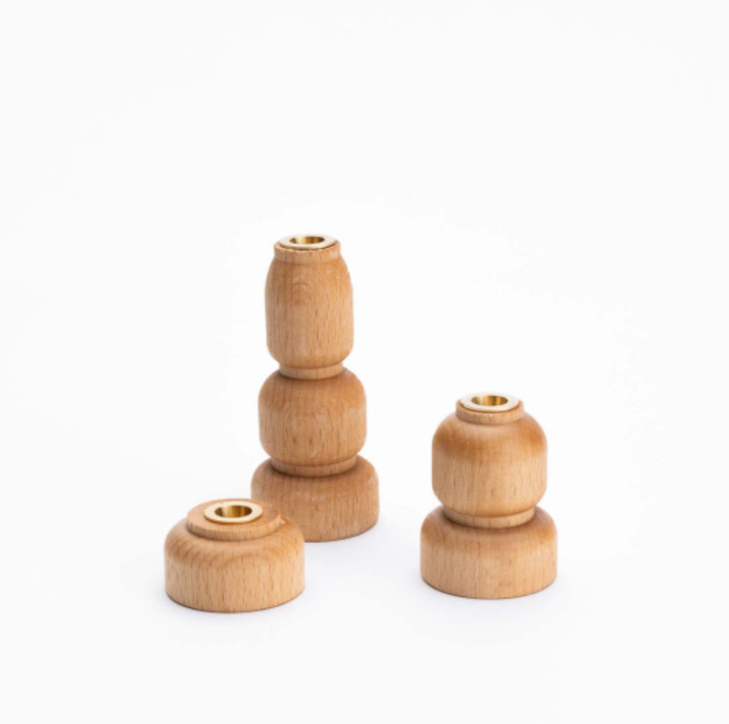 Set de 3 bougeoirs bois naturel & laiton